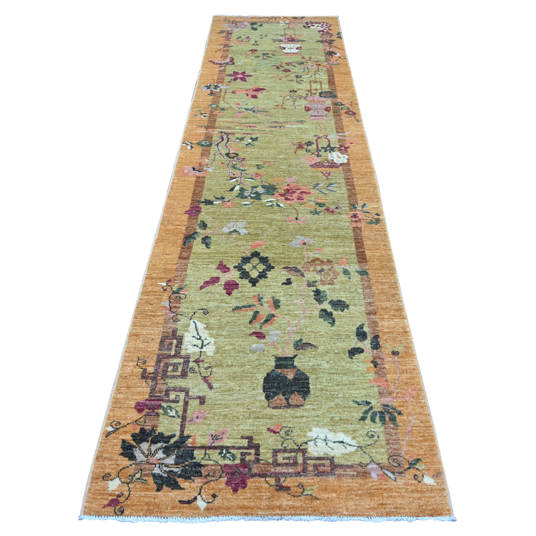 3'1"x11'7" Swamp Green, Chinese Art Deco Inspired Peshawar, Hand Knotted, Soft and Velvety Wool, Vegetable Dyes, Runner, Oriental Rug 
